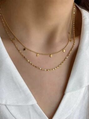 18K Gold Plated Double Layer Geometric Charms Dainty Chain Necklace